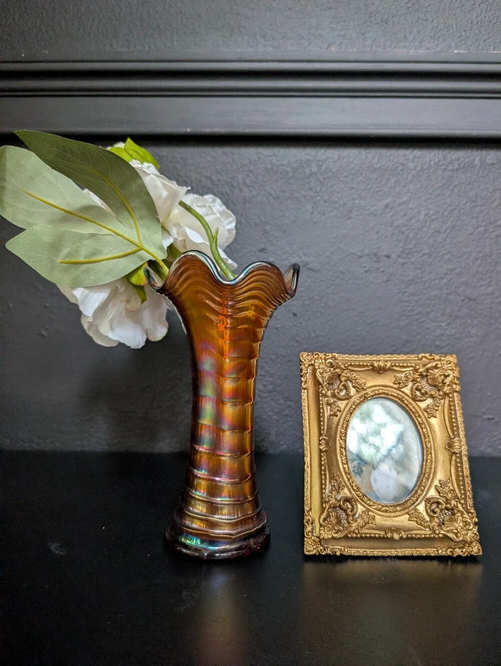 Rare Vintage Carnival Ripple Glass Marigold/Orange iridescent Imperial Vase Deco